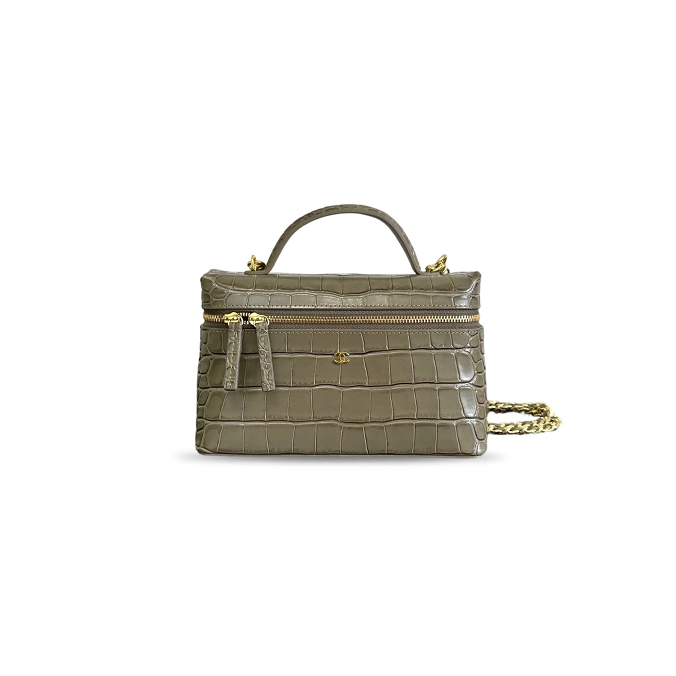 CHANEL MASTER TOP HANDLE LONG VANITY CASE WITH CHAIN CROC EMBOSSED CALFSKIN GOLD HARDWARE (19*14*5cm)